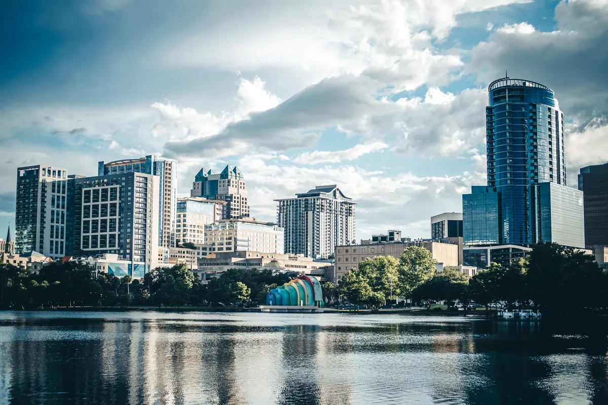Downtown Orlando skyline across Lake Eola on a sunny day