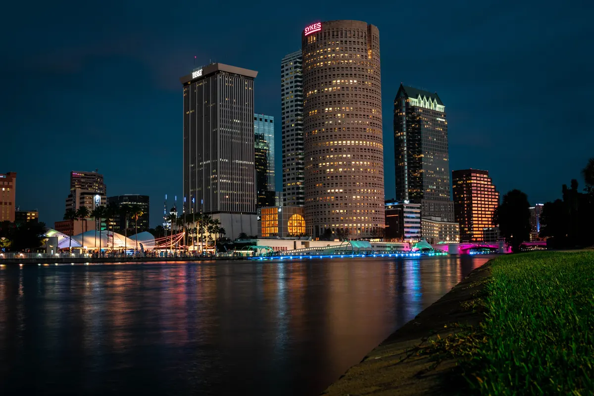 Downtown Tampa skyline and the Hillsborough River at night